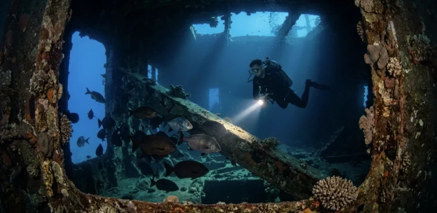 Taucher erkundet mit Taschenlampe ein Schiffswrack in Hurghada, umgeben von Fischschwarm und Korallen.