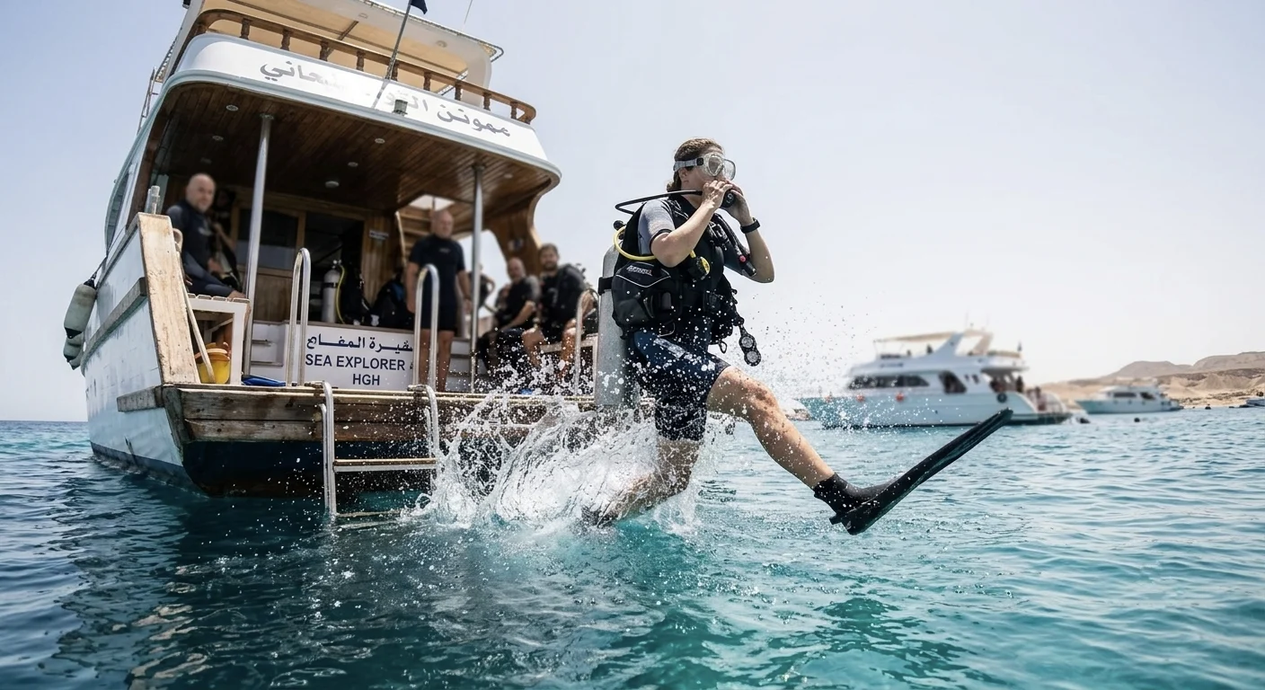 Taucher springt vom Boot ins Rote Meer bei Hurghada