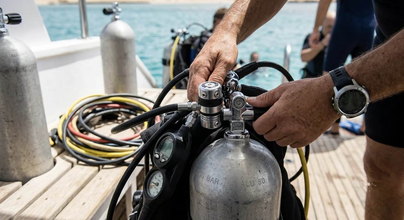 Taucher bereitet Sauerstoffflasche f&uuml;r einen Tauchgang in Hurghada auf einem Boot vor.