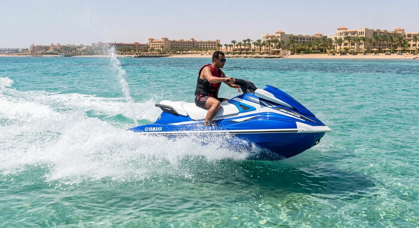 Jetski-Fahrer auf blauem Yamaha-Jetski im t&uuml;rkisfarbenen Wasser vor Hurghadas K&uuml;ste