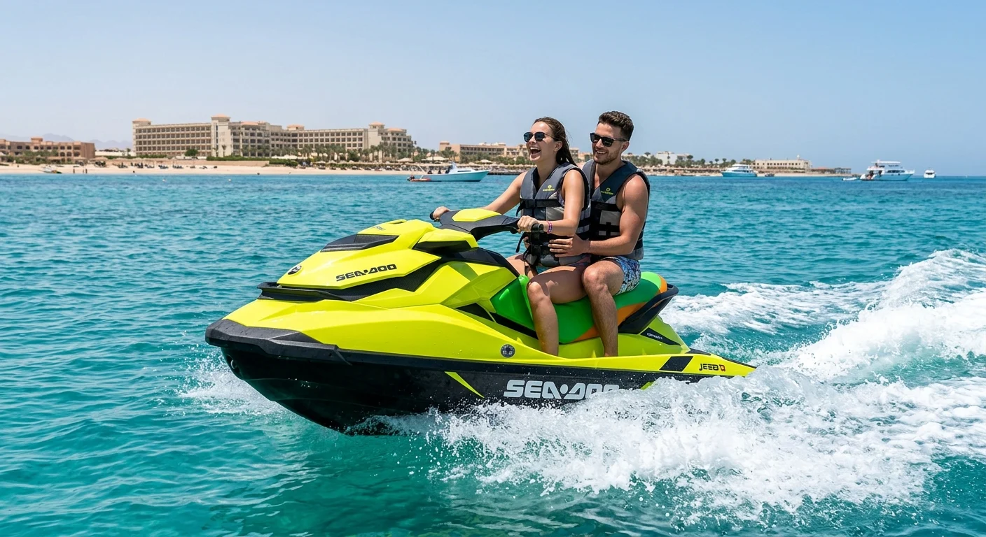 Paar f&auml;hrt Jetski vor der Hotelk&uuml;ste von Hurghada im t&uuml;rkisfarbenen Meer