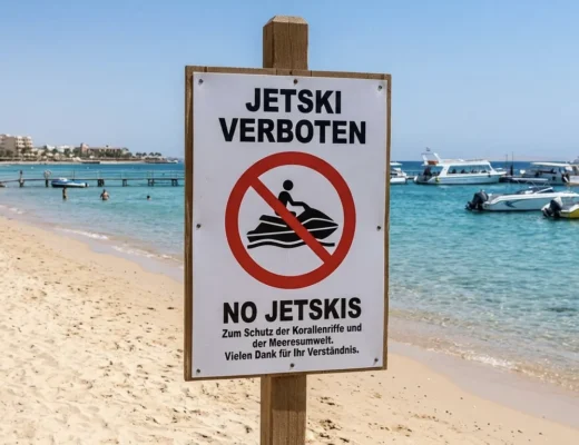 Schild &bdquo;Jetski verboten" am Strand von Hurghada zum Schutz der Korallenriffe.