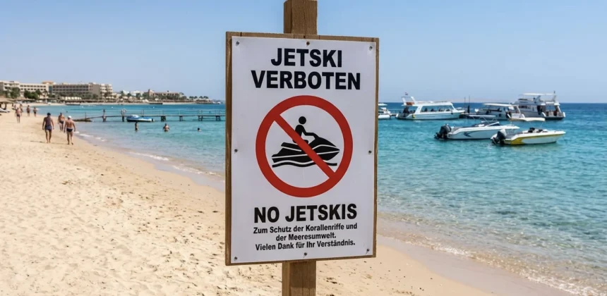 Schild &bdquo;Jetski verboten" am Strand von Hurghada zum Schutz der Korallenriffe.
