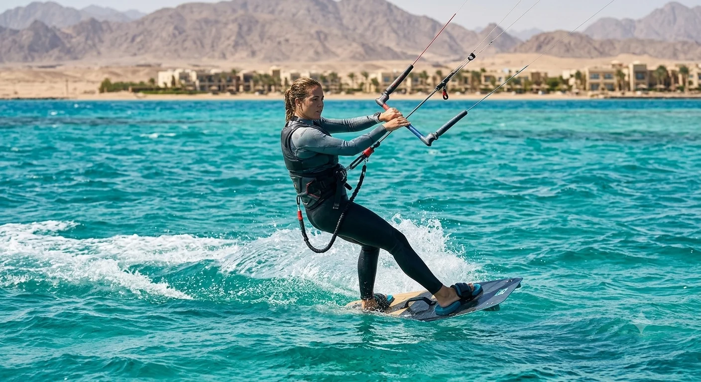 Kitesurferin gleitet &uuml;ber das t&uuml;rkisfarbene Meer vor der K&uuml;ste Hurghadas mit Bergpanorama im Hintergrund.