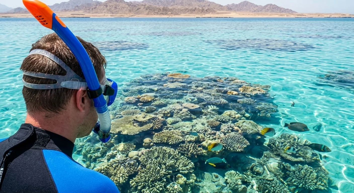 Schnorchler betrachtet bunte Korallenriffe im klaren Wasser vor Hurghada.