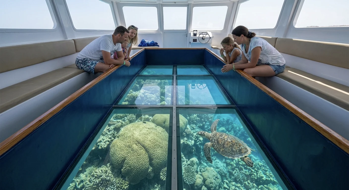 Familie beobachtet Meeresschildkr&ouml;te und Korallenriff durch Glasboden-Boot in Hurghada.