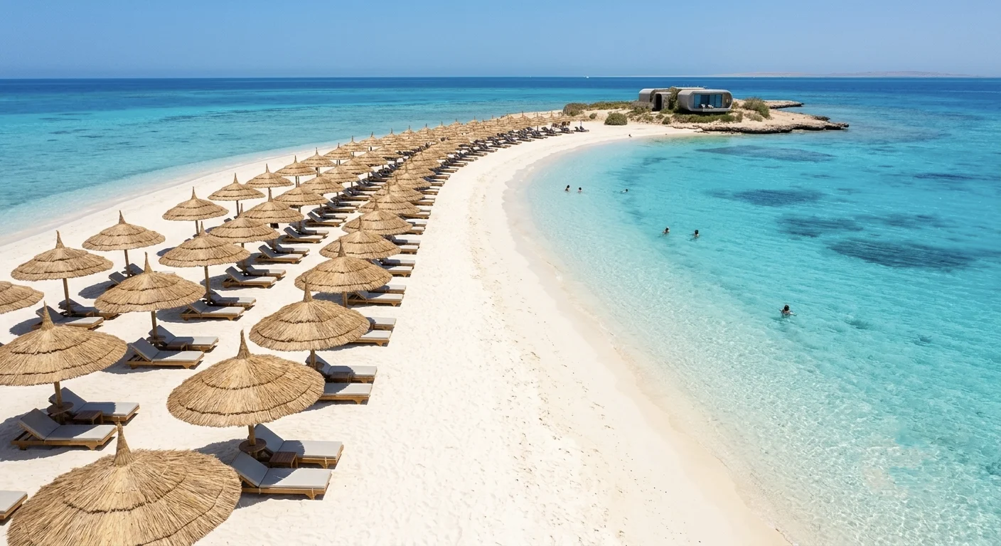 Wei&szlig;er Sandstrand mit Strohschirmen und t&uuml;rkisfarbenem Meer in einem Hotelresort in Hurghada.