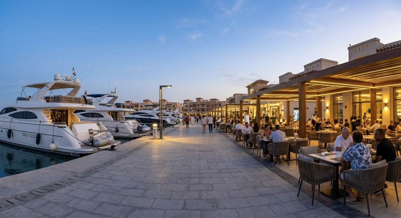 Yachthafen-Promenade in Hurghada mit Booten und Restaurants am Abend