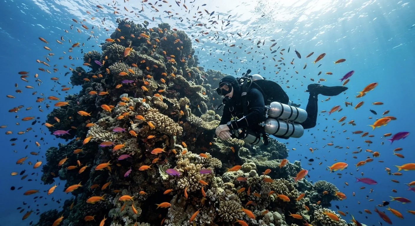 Taucher erkundet farbenpr&auml;chtiges Korallenriff mit Fischschw&auml;rmen im Roten Meer bei Hurghada.