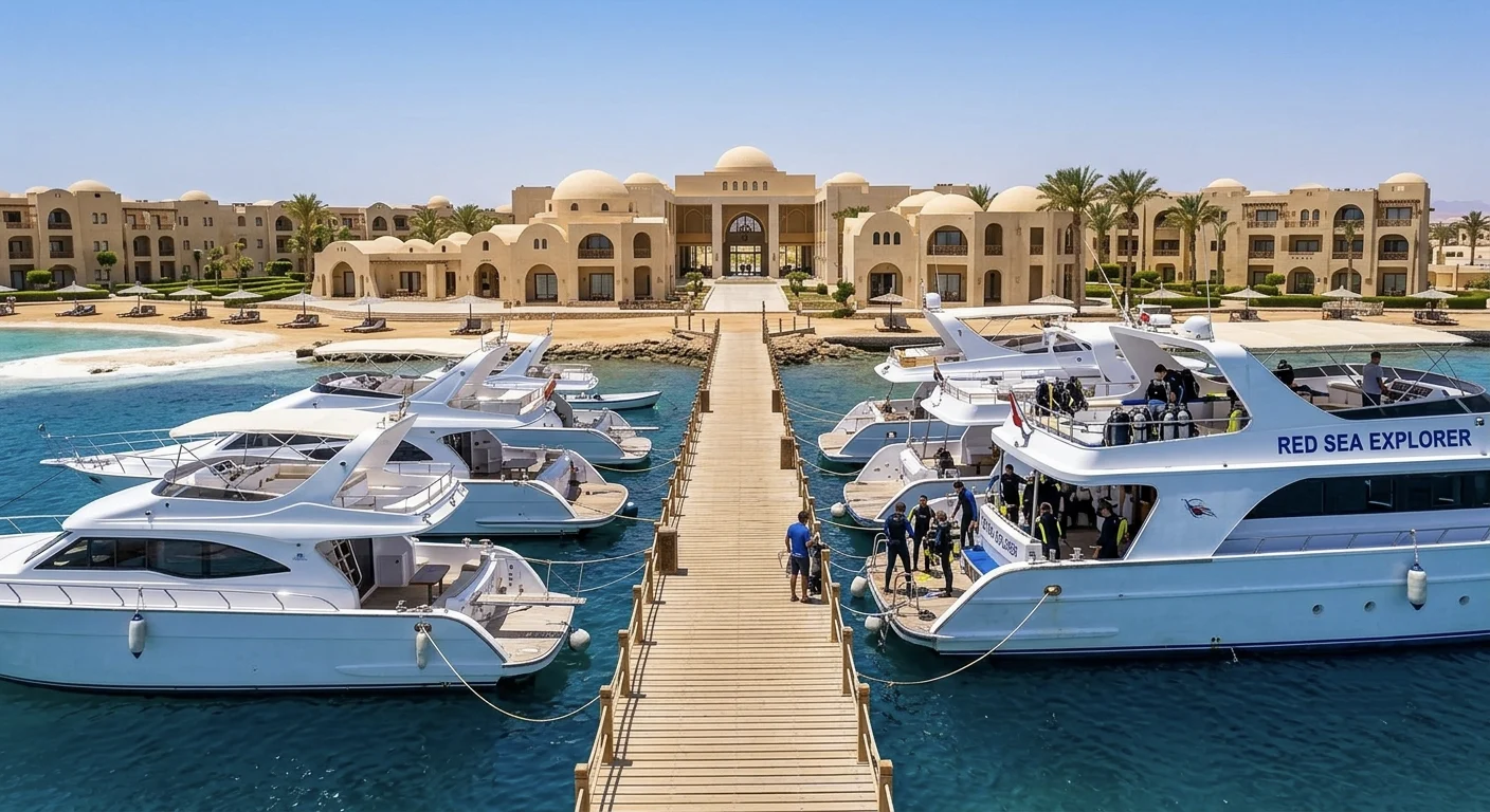 Yachten und Tauchboote am Steg eines Luxusresorts in Hurghada mit orientalischer Architektur am Roten Meer.