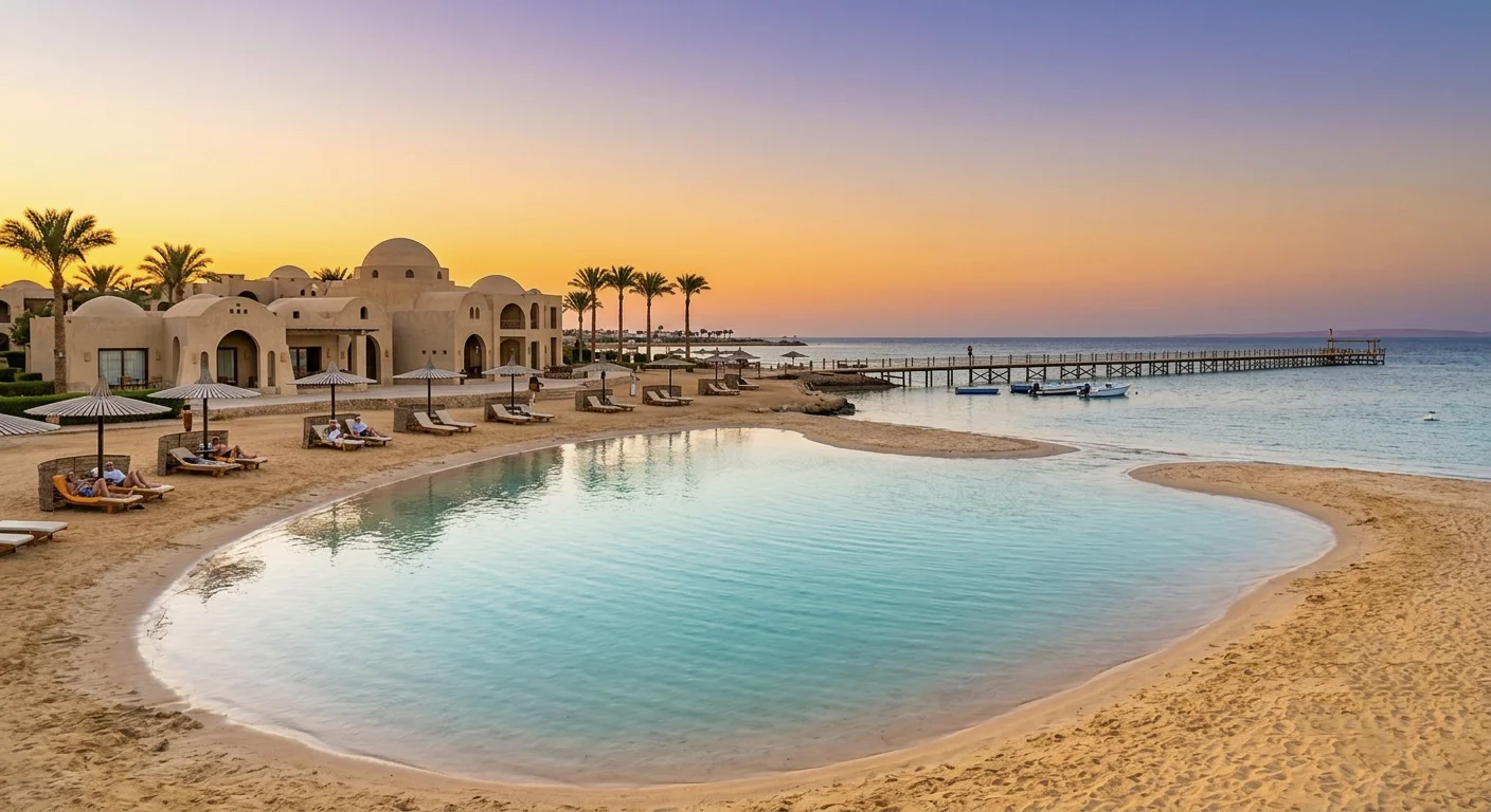 Strandresort in Hurghada mit t&uuml;rkiser Lagune und Sonnenuntergang am Roten Meer.