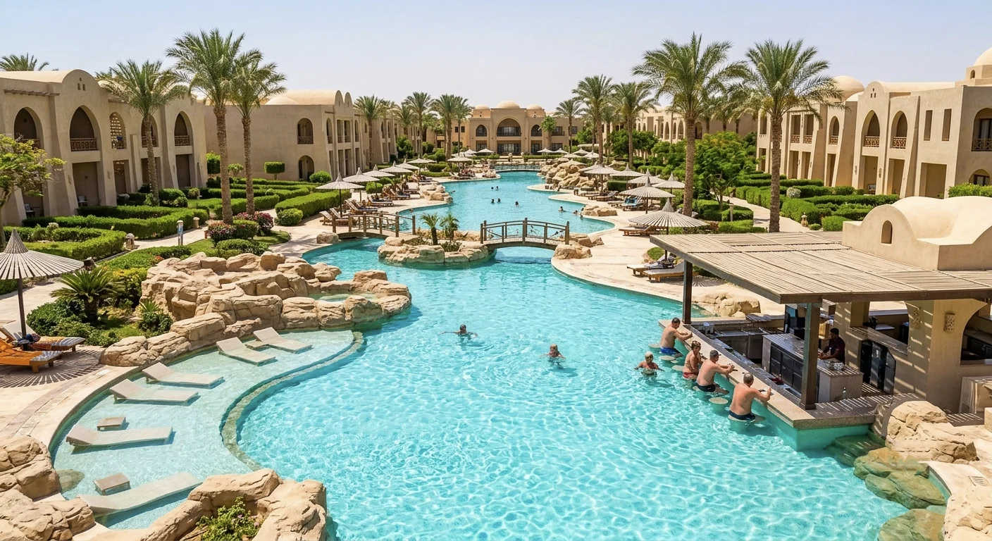 Poolanlage mit Swim-up-Bar in einem Hotelresort in Hurghada, &Auml;gypten