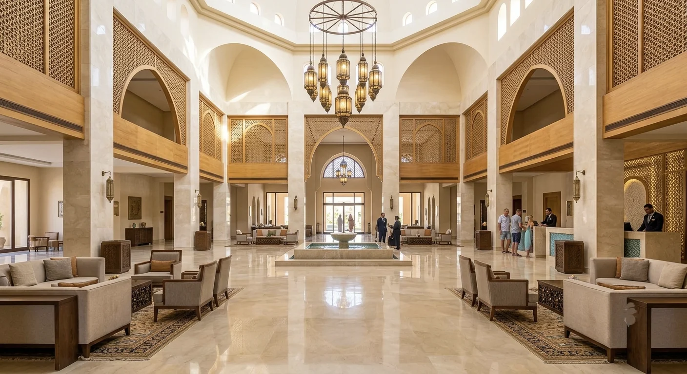 Elegante Hotellobby in Hurghada mit orientalischen B&ouml;gen, Springbrunnen und marokkanischen Lampen.