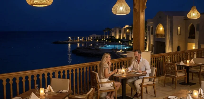 Romantisches Abendessen auf Meerblick-Terrasse eines Hotels in Hurghada bei Nacht
