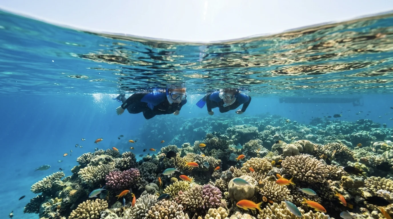 Schnorchler beim Erkunden eines bunten Korallenriffs w&auml;hrend einer Bootstour in Hurghada