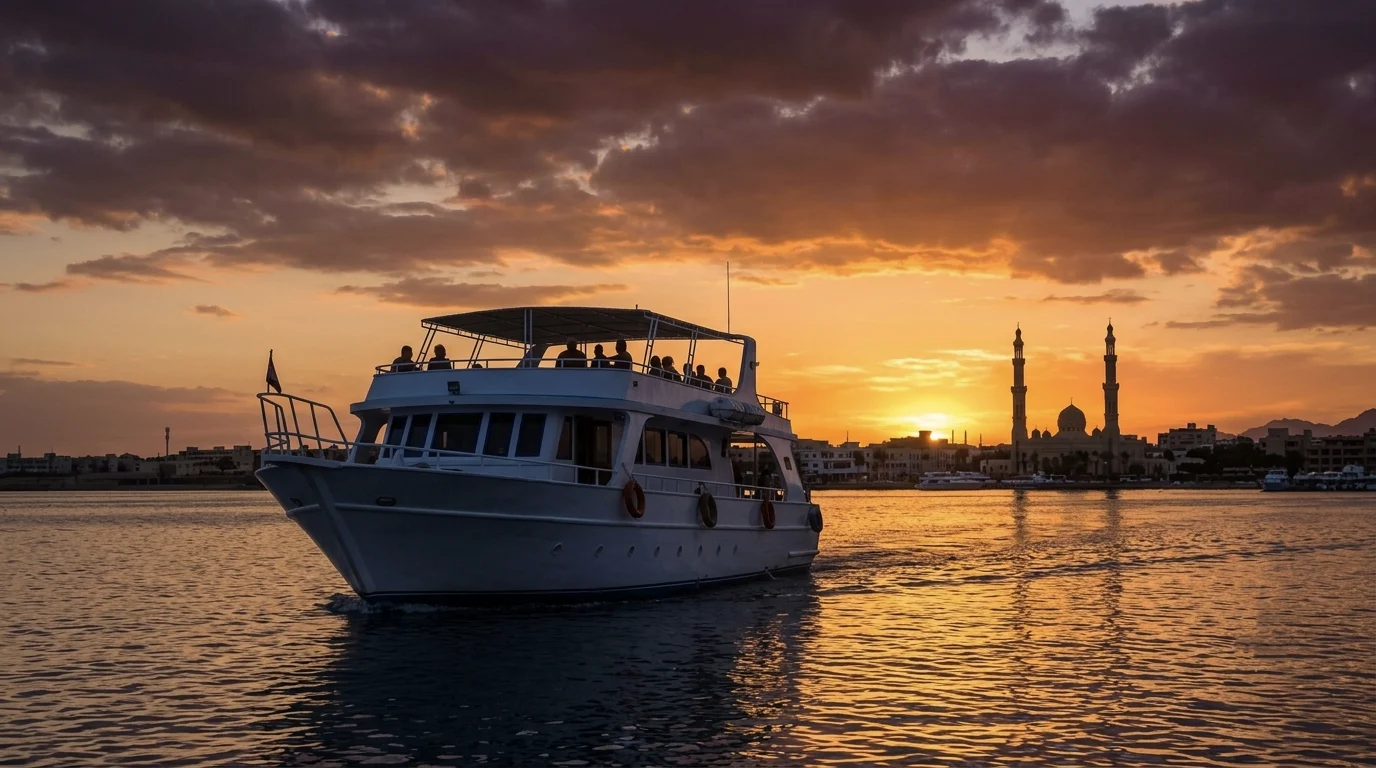 Ausflugsboot bei Sonnenuntergang vor der Skyline von Hurghada mit Moschee