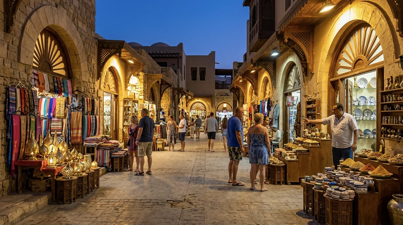 Abendlicher orientalischer Basar in El Gouna bei Makadi Bay mit Souvenirständen und Touristen