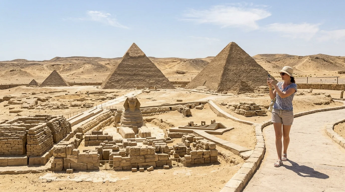 Touristin fotografiert die Pyramiden von Gizeh und die Sphinx bei einem Ausflug von Makadi Bay.