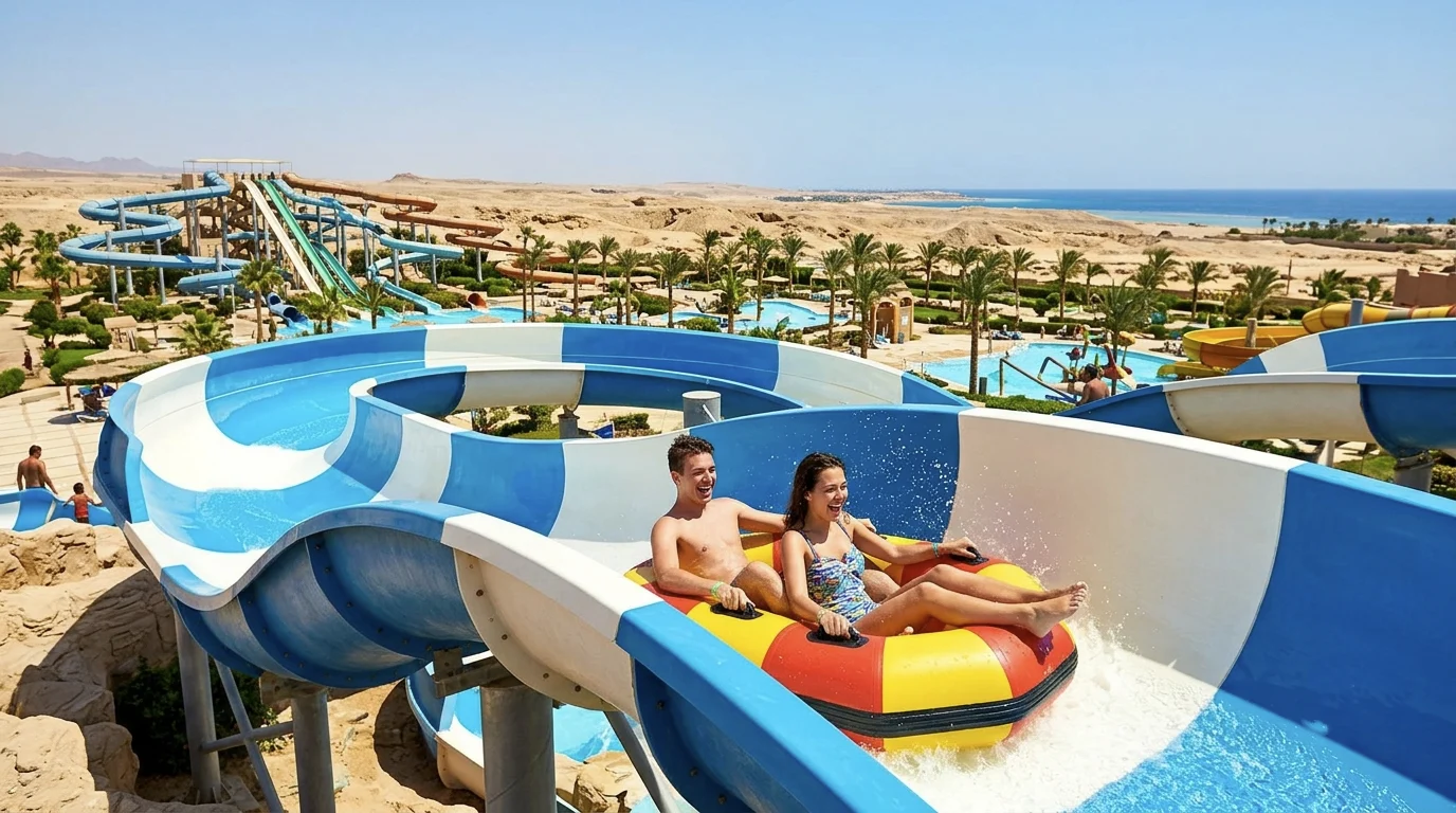 Paar rutscht auf Reifen durch Wasserrutsche im Aquapark in Makadi Bay