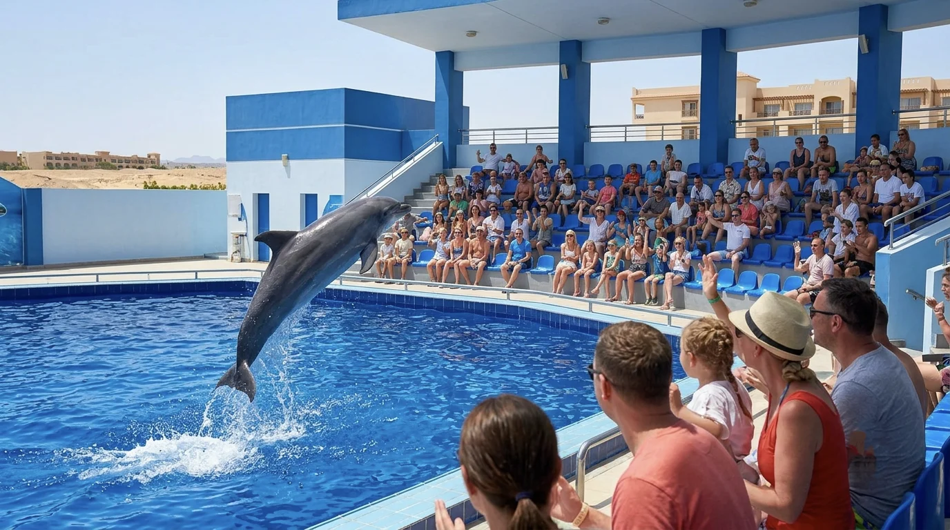Delfinshow im Delfinarium Makadi Bay begeistert Zuschauer mit einem springenden Delfin.