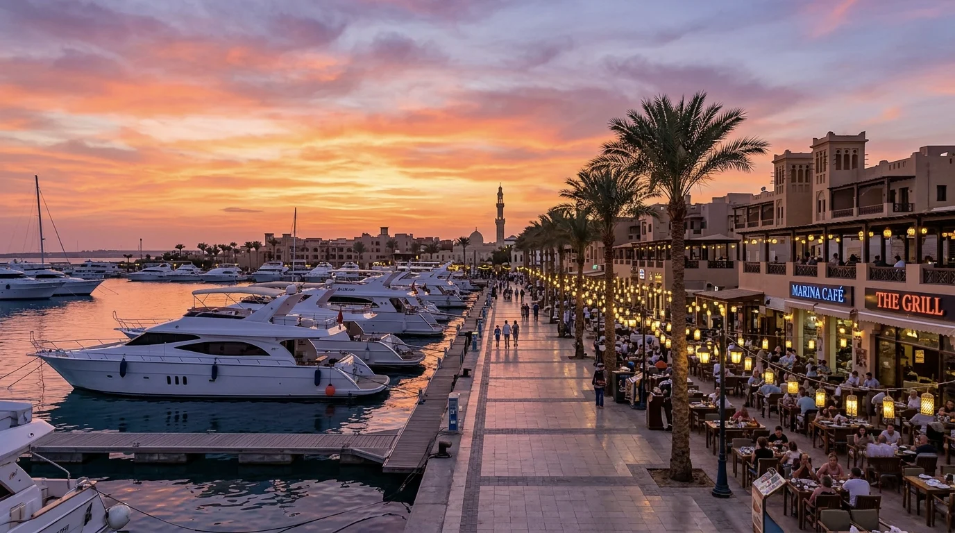 Sonnenuntergang &uuml;ber der Marina von Hurghada mit Yachten und Uferpromenade voller Restaurants.