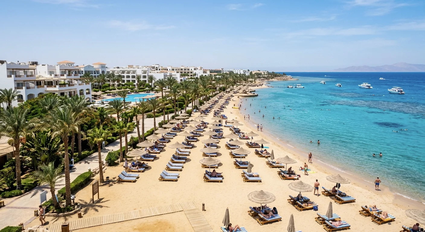 Sandstrand mit Liegest&uuml;hlen und t&uuml;rkisfarbenem Meer in Hurghada an einem sonnigen Tag