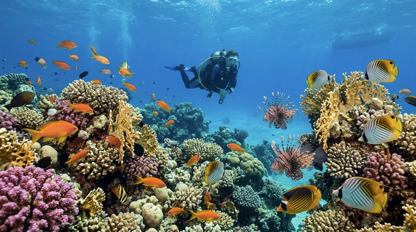 Taucher erkundet ein farbenpr&auml;chtiges Korallenriff mit tropischen Fischen im Roten Meer bei Hurghada.