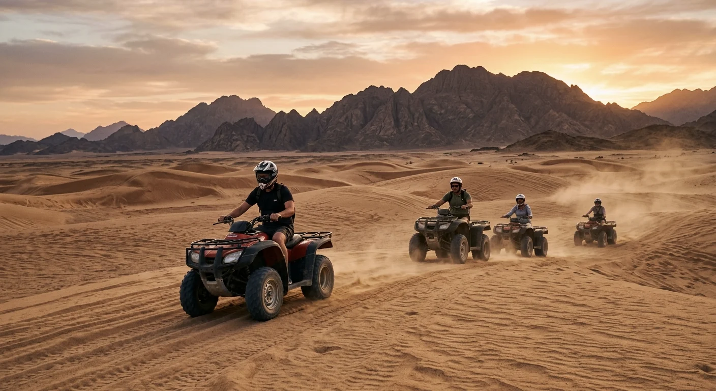 Quad-Fahrer bei Sonnenuntergang in der W&uuml;ste von Hurghada vor Bergpanorama.