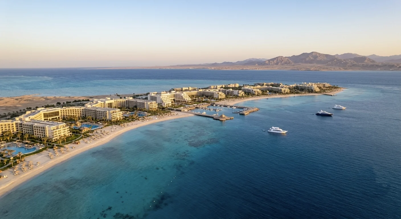 Luftaufnahme von Soma Bay mit Hotelanlagen, feinem Sandstrand und t&uuml;rkisfarbenem Roten Meer.