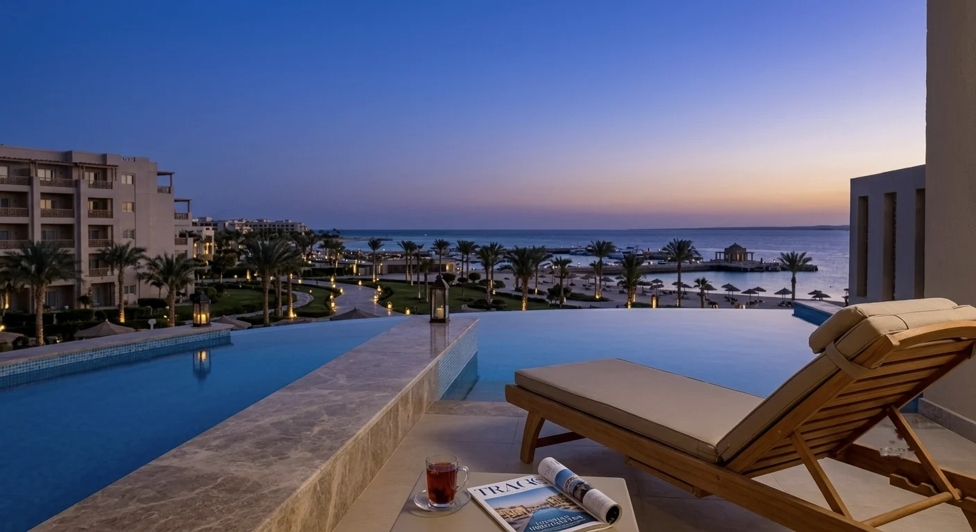 Infinity-Pool mit Liegestuhl und Meerblick bei Sonnenuntergang in Soma Bay