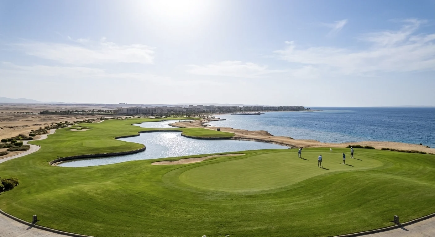 Golfplatz mit Wasserhindernissen und Meerblick im Golfresort Soma Bay