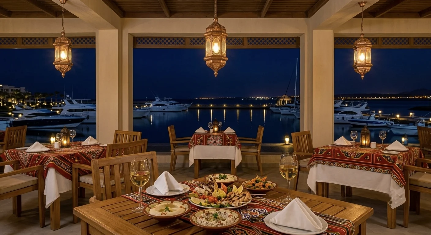Abendessen im Restaurant mit Meerblick und orientalischen Laternen in Soma Bay