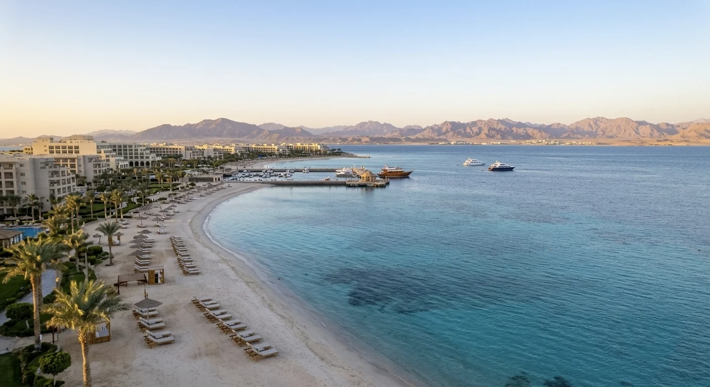 Sandstrand mit Liegest&uuml;hlen und t&uuml;rkisfarbenem Meer vor der Bergkulisse in Hurghada.