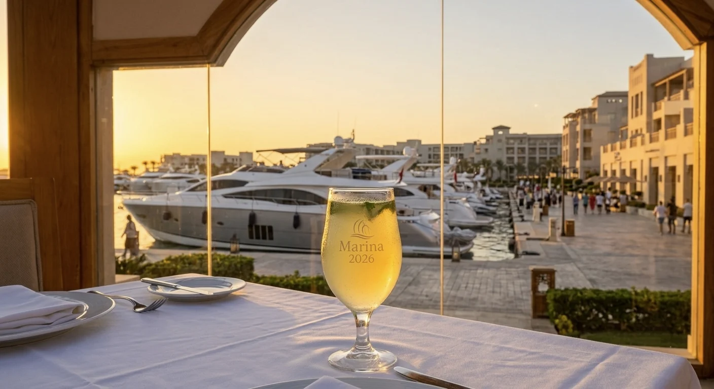 Getr&auml;nk auf Restauranttisch mit Blick auf die Jachten der Marina in Hurghada bei Sonnenuntergang.