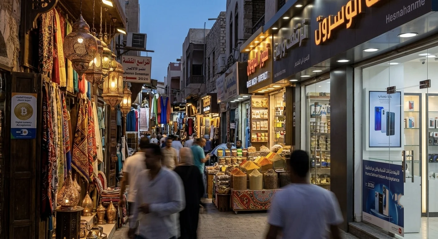 Belebte Basargasse in Hurghada mit orientalischen Lampen, Gew&uuml;rzst&auml;nden und Gesch&auml;ften am Abend.