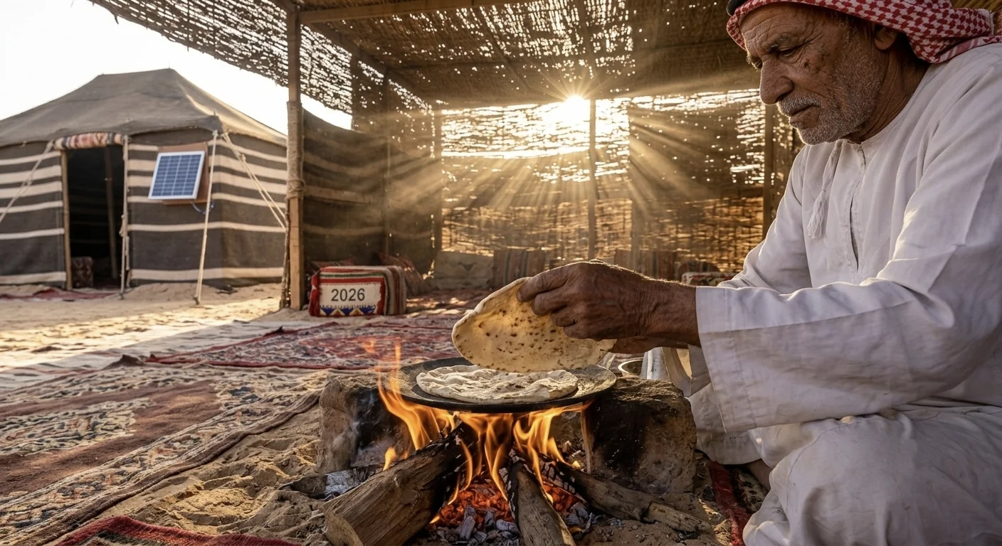 Beduine backt traditionelles Fladenbrot am Lagerfeuer in der W&uuml;ste bei Hurghada