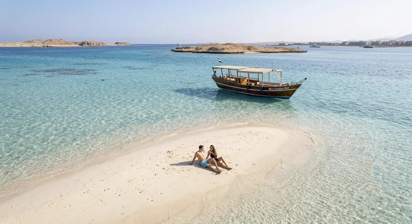 Paar entspannt auf einer Sandbank vor t&uuml;rkisfarbenem Wasser mit Holzboot in Hurghada