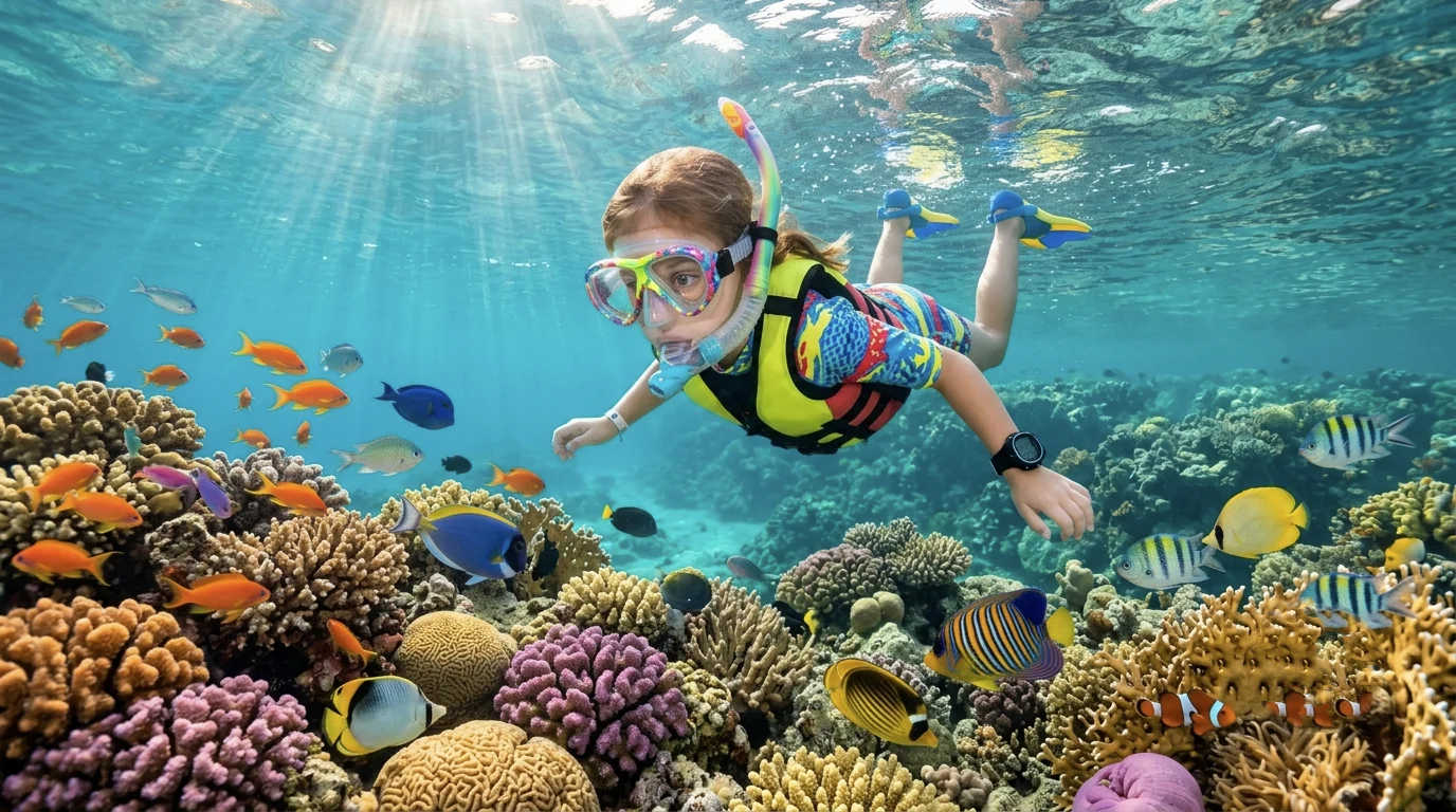 Kind schnorchelt zwischen bunten Korallenriffen und tropischen Fischen vor Soma Bay.