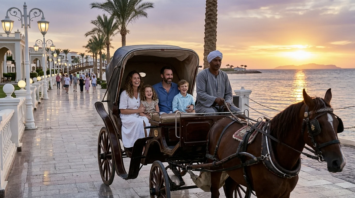 Familie genie&szlig;t eine Pferdekutschenfahrt bei Sonnenuntergang an der Promenade in Sahl Hasheesh.