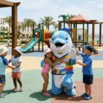 Kinderclub mit Delfin-Maskottchen auf dem Kinderspielplatz eines Familienhotels in Sahl Hasheesh