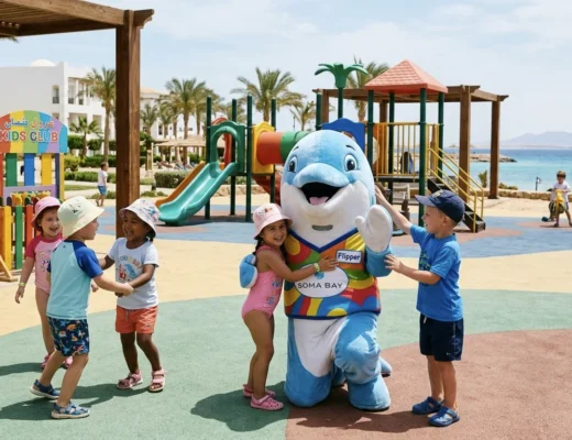 Kinderclub mit Delfin-Maskottchen auf dem Kinderspielplatz eines Familienhotels in Sahl Hasheesh