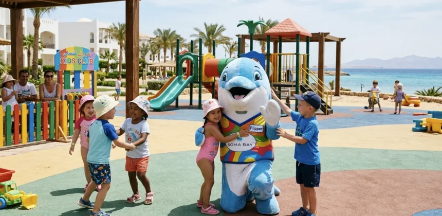 Kinderclub mit Delfin-Maskottchen auf dem Kinderspielplatz eines Familienhotels in Sahl Hasheesh