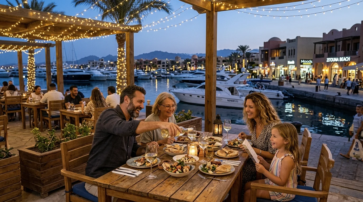 Familie beim Abendessen an der Marina von El Gouna mit Blick auf Yachten und beleuchtete Restaurants
