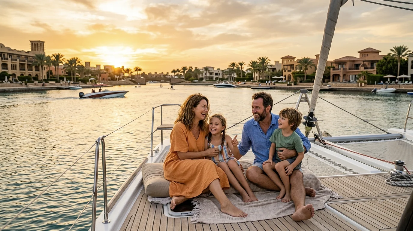 Familie genießt Bootsausflug bei Sonnenuntergang in El Gouna