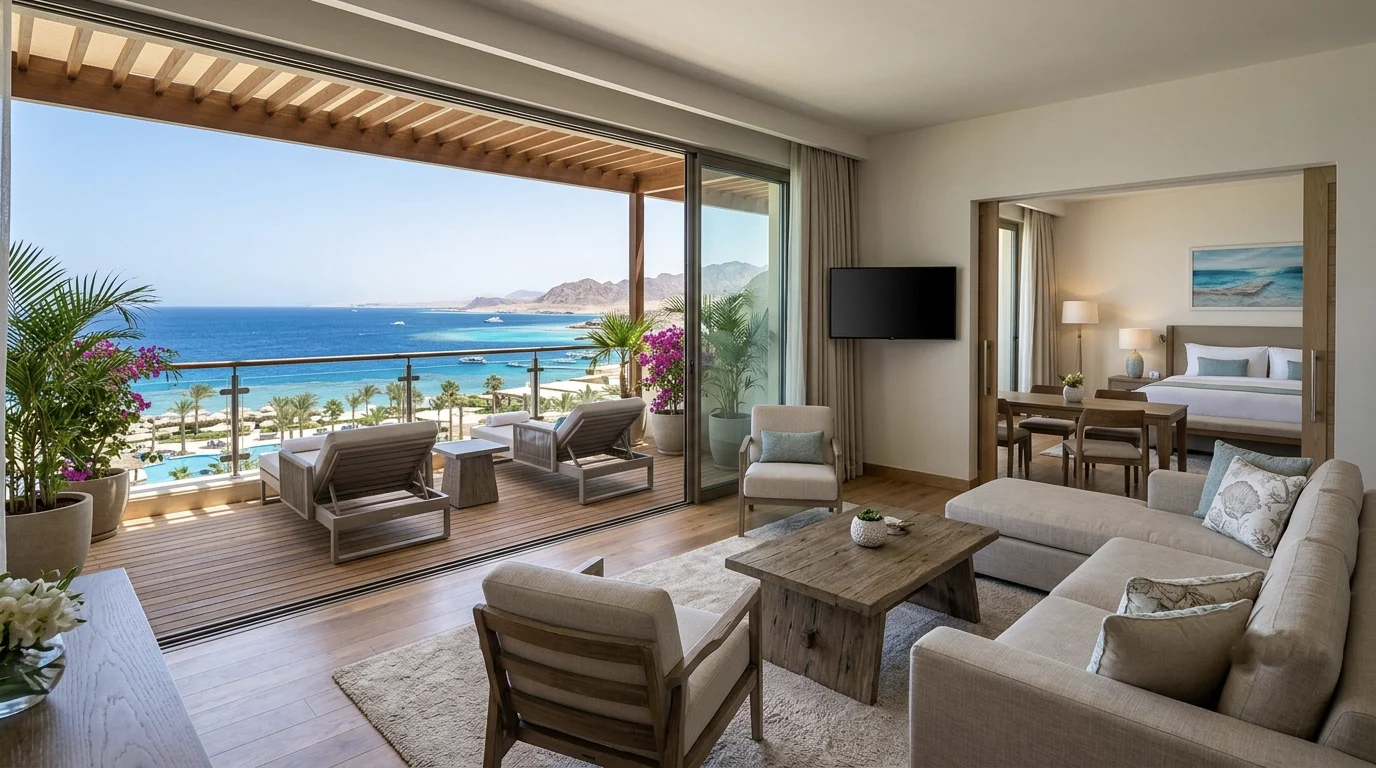 Ger&auml;umige Hotelsuite mit Meerblick und privater Terrasse in einem Familienresort in Soma Bay.