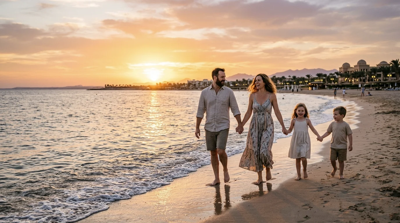 Familie beim Sonnenuntergangsspaziergang am Strand von Soma Bay