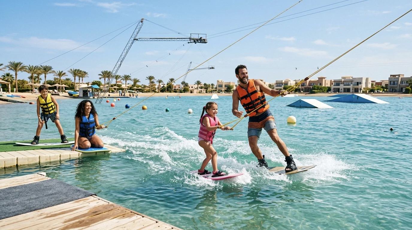 Familie beim Wakeboarden auf der Kabelbahn-Anlage in El Gouna mit Kindern.