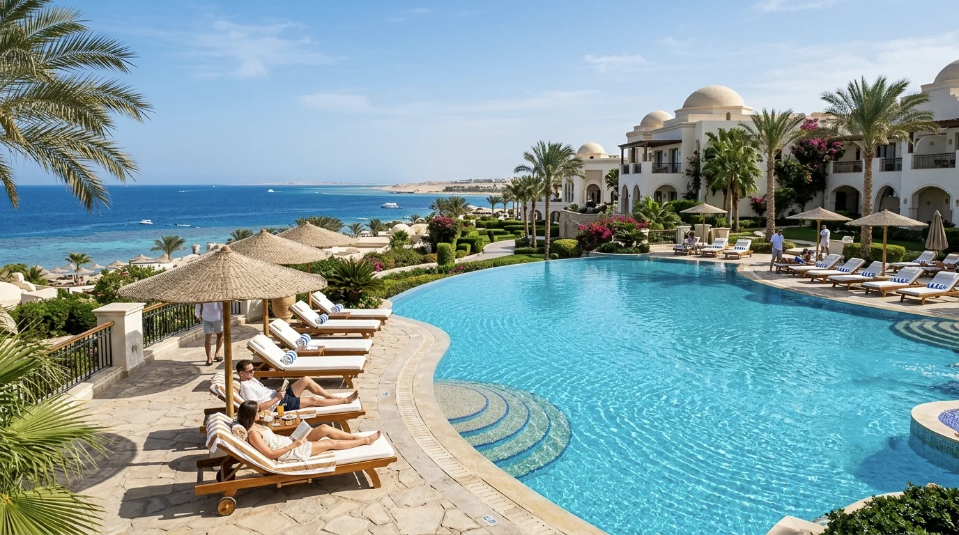 Poolanlage eines Familienhotels in Soma Bay mit Liegest&uuml;hlen, Palmen und Meerblick am Roten Meer.