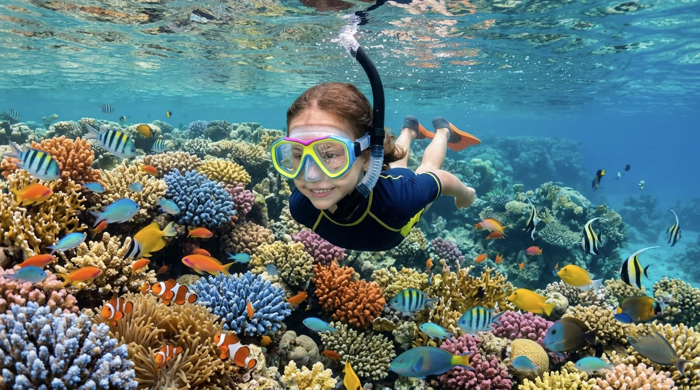 Kind schnorchelt &uuml;ber bunten Korallenriffen im Roten Meer bei Sahl Hasheesh