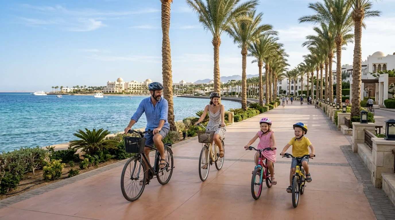 Familie f&auml;hrt mit dem Fahrrad an der Promenade eines Familienhotels in Sahl Hasheesh entlang